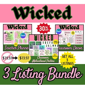 Op de afbeelding: Een bundel van drie digitale producten met een roze en groene thema. De producten omvatten een lerarenplanner, klasdecoratie en motiverende posters. Het woord "Wicked" is prominent aanwezig.