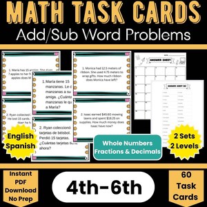 May include: Math task cards for 4th-6th grade, featuring addition and subtraction word problems. Includes 60 task cards with two levels, whole numbers, fractions, and decimals. The PDF download is instant and requires no prep.