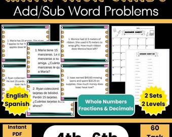 Matemáticas: Sumar, Restar, Enteros, Fracciones, Decimales. Actividad divertida con tarjeta de tarea bilingüe (inglés, español, PDF imprimible, descarga instantánea).
