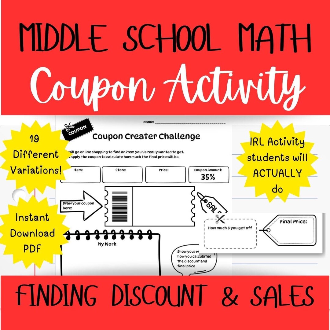Math Percents Discount Coupon Printable Activity - Percent Discount ...