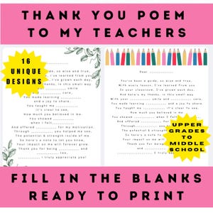 Carta de agradecimiento al maestro con poema para imprimir: ¡Descarga instantánea! ¡Imprime! Actividad fácil para niños sin preparación Hoja de trabajo para completar espacios en blanco para niños