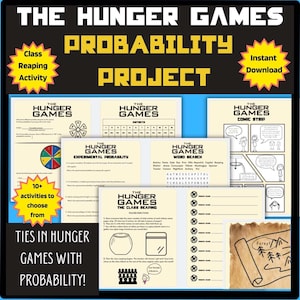 May include: A collection of printable educational materials themed around "The Hunger Games" and probability. Includes word searches, comic strips, and activities. Features the text "Probability Project" and "Instant Download".