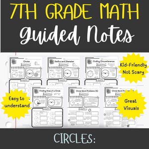 Può includere: Un quaderno di lavoro intitolato "7th Grade Math Guided Notes" con il tema "Cerchi: Circonferenza e Area". La copertina è grigio scuro con testo giallo. All'interno ci sono diverse pagine con diagrammi ed esercizi. Il quaderno è etichettato "Kid-Friendly, Not Scary".