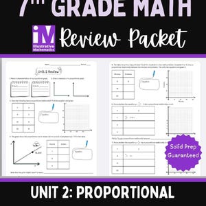 Può includere: Un pacchetto di revisione di matematica di 7a elementare con il testo "7th Grade Math Review Packet" in bianco su sfondo nero. Il pacchetto include problemi di matematica relativi alle relazioni proporzionali, con il testo "Unit 2: Proportional Relationships".