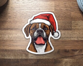 Christmas Boxer dog wearing Santa hat, quality waterproof vinyl holiday dog sticker for textbooks, lunchboxes, water bottles, laptops