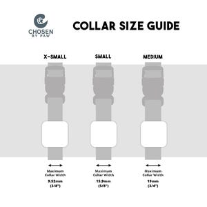 May include: A size guide for dog collars, featuring three sizes: X-Small, Small, and Medium. Each size is represented by a gray collar illustration with measurements in inches and millimeters. The text "COLLAR SIZE GUIDE" is at the top.