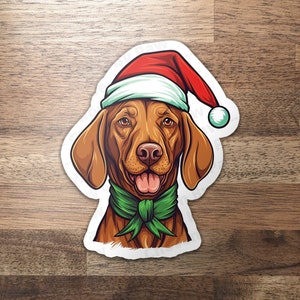 Weihnachten Vizsla Aufkleber, Vizsla mit Weihnachtsmütze, hochwertiger wasserdichter Vinyl-Hundeaufkleber für Weihnachtskarten, Lehrbücher, Lunchboxen, Laptops