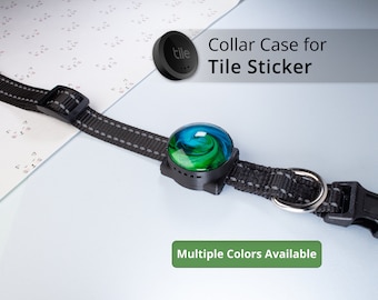 May include: A black collar with a gray stripe and a black plastic buckle. A round, blue, green, and black Tile Sticker case is attached to the collar. The text "Collar Case for Tile Sticker" is displayed above the collar. The text "Multiple Colors Available" is displayed below the collar.