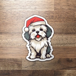 Christmas Maltese Terrier sticker, terrier wearing santa hat, quality waterproof vinyl dog sticker for christmas cards, textbooks, laptops