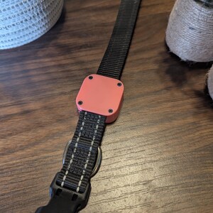 May include: Close-up of a black and gray dog collar with a peach-colored square component. The collar has a metal D-ring and a black plastic buckle. The square component is secured with four black screws.