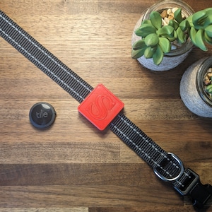 Op de afbeelding: Een zwarte hondenriem met een rood vierkant label met de tekst "SP" en een zwarte Tile-tracker eraan bevestigd.