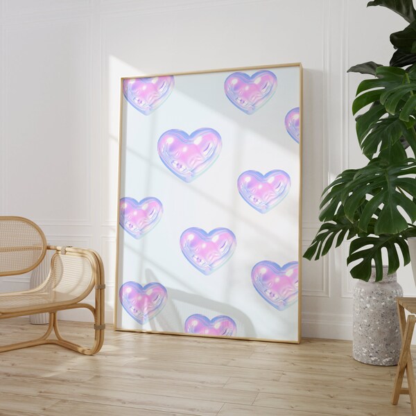 Y2K 3D Iridescent Hearts Wall Decor | Y2K 3D Chrome Print, Retro Y2K Poster,  2000s Psychedelic, 90s Nostalgia, Y2K Aesthetic Room Decor