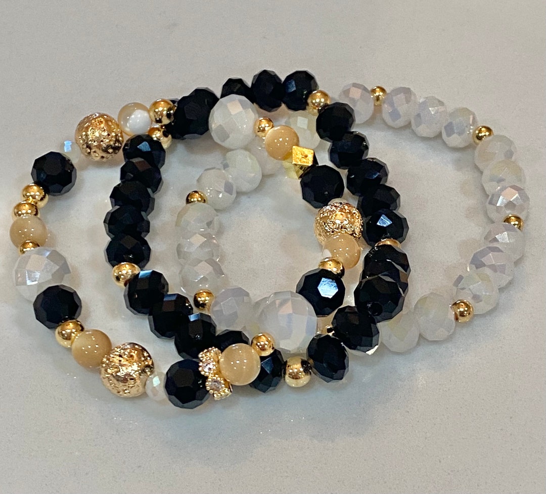 Fancy Black and Gold Sparkly Stack, 14K Gold Played Beads, Black Accessories, Black Stackable