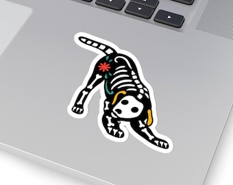 Day of the Dead Dog Sticker: Skeleton Sugar Skull, Halloween (Kiss Cut)