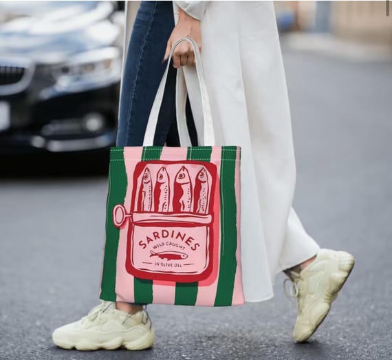 Sardine Can Tote Bag: Quirky Travel Organizer, Coral Cotton