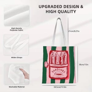 May include: A tote bag featuring a pink and green striped pattern with a central graphic of a sardine tin labeled SARDINES WILD CAUGHT IN OLIVE OIL. The bag measures 13.5 inches wide by 15 inches high, with 8.27-inch straps, made of high-density polyester.