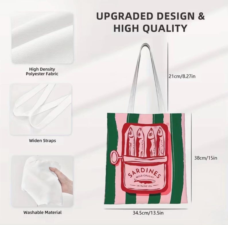 May include: A tote bag featuring a pink and green striped pattern with a central graphic of a sardine tin labeled SARDINES WILD CAUGHT IN OLIVE OIL. The bag measures 13.5 inches wide by 15 inches high, with 8.27-inch straps, made of high-density polyester.