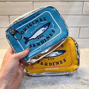 Sardine Tin Makeup Bag cosmetic zipper pouch embroidered Vintage Sardine tin gift under 20 bachlorette favor or travel  beach or pencil bag