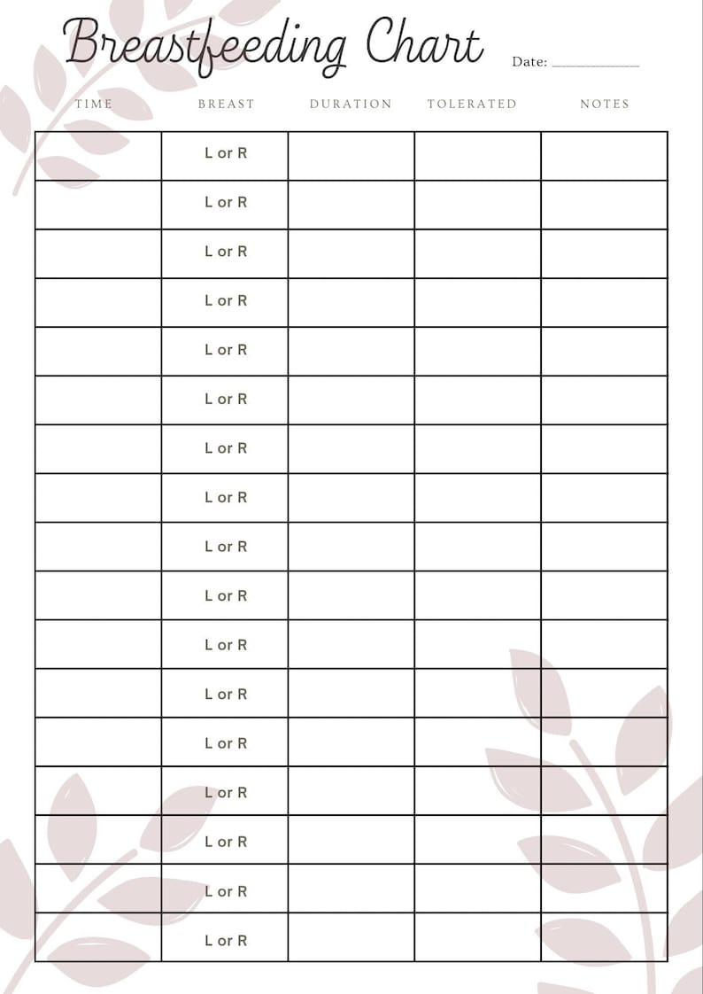 Newborn Breastfeeding Chart Schedule for Moms. Digital Download and