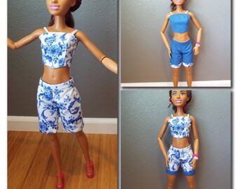 2pc Reversible Blue Floral Outfit for 28-inch Best Fashion Friend BFF Dolls Handmade 1:3 Scale Lined Crop Top Bermuda Shorts