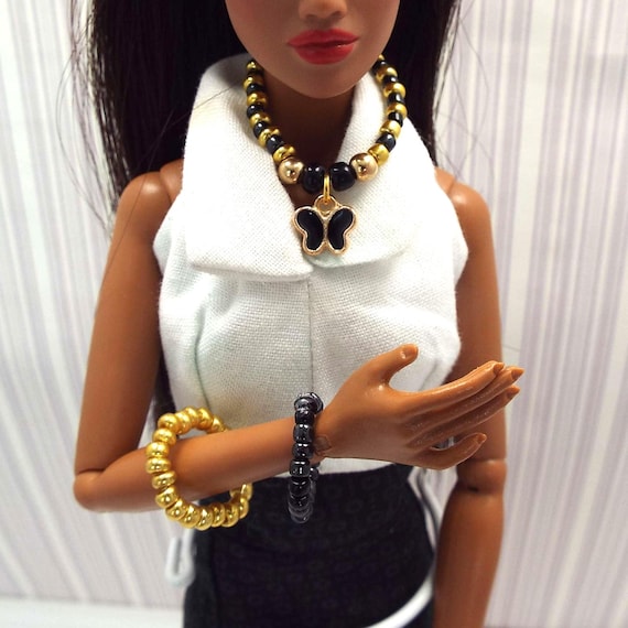 3pc Black and Gold Charm Jewelry Set Handmade for 12-inch Fashion