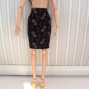 Handmade Floral Black and Brown Lined Pencil Skirt for Fashion Dolls 11.5-12.5 Inches Tall