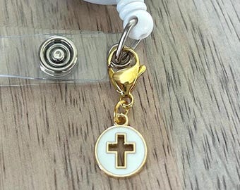 Cross Badge Reel Charm / ID Badge Reel Charm / Clip On Purse Charm Zipper Pull / Badge Accessories / Faith / Christian Charm