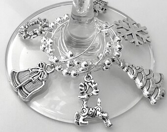Silver Christmas Wine Charms Surprise Set of 4/6/8/10/12 Drink Glass Markers / Holiday Hostess Gift