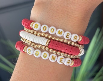 OU Boomer Sooner Bracelet, Oklahoma Football Fan Girl Gift Crimson and White Jewelry Gameday Outfit College Merch Graduation Commitment Gift