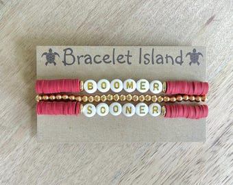 OU Boomer Sooner Bracelet, Oklahoma Football Fan Girl Gift Crimson and White Jewelry Gameday Outfit College Merch Graduation Commitment Gift