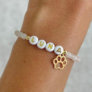 Pet Name Bracelet Paw Print Charm, Dog Name Stone Bracelet, Animal Lover Gift, Custom Beaded Dog Name Bracelet, Pet Memorial Jewelry