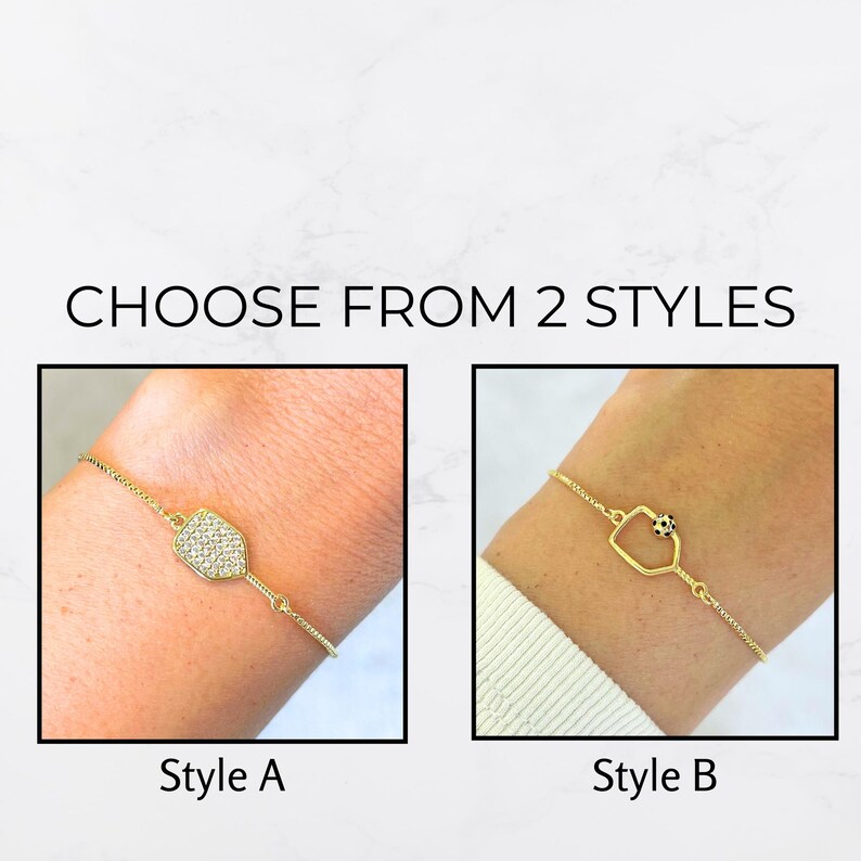 May include: Gold-toned bracelets, each with a unique charm. Style A features a tennis racket-shaped charm encrusted with clear crystals. Style B showcases a stethoscope charm with a small soccer ball. The text reads "CHOOSE FROM 2 STYLES".