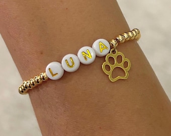 Pet Name Bracelet Paw Print Charm, 14k Gold Bead Animal Lover Gift, Personalized Pet Jewelry, Loss of Dog Cat Pet Memorial Gift, Dog Cat Mom