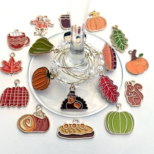 May include: A collection of fall-themed wine charms. The charms include pumpkins, leaves, a squirrel, and a witch. The charms are in various colors, including orange, green, red, and brown. The charms are attached to a wine glass.