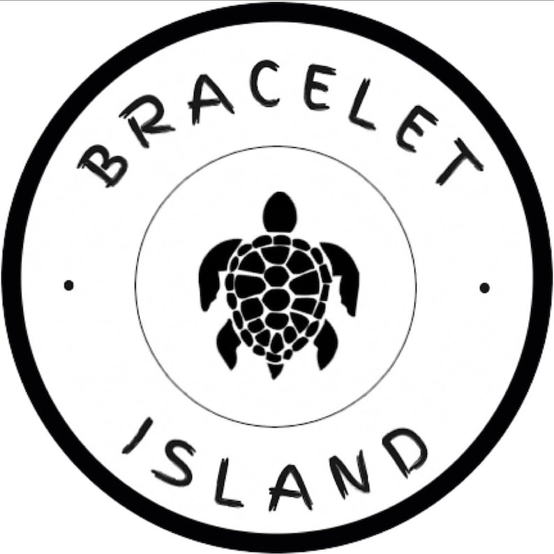 May include: A black and white circular logo with the words "BRACELET ISLAND" encircling a sea turtle illustration. The turtle is in the center of the logo, inside a smaller white circle.
