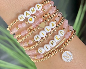Rose Quartz and Gold Stacking Bracelets, Kids Name Bracelet, Mama Bracelet, Custom Name Bracelet, Personalized Gift, Rose Quartz Bracelet