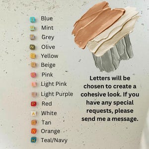 May include: A colour palette featuring swatches of blue, mint, grey, olive, yellow, beige, pink, light pink, light purple, red, white, tan, orange, and teal/navy. Text reads "Letters will be chosen to create a cohesive look."