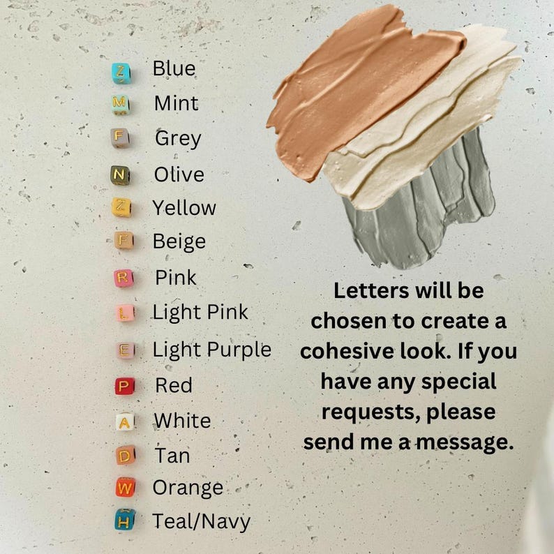 May include: A colour palette featuring swatches of blue, mint, grey, olive, yellow, beige, pink, light pink, light purple, red, white, tan, orange, and teal/navy. Text reads "Letters will be chosen to create a cohesive look."