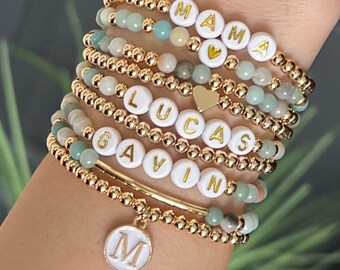 Amazonite and Gold Stacking Bracelets, Kids Name Bracelet, Mama Bracelet, Custom Name Beaded Bracelet, Personalized Gift, Amazonite Bracelet