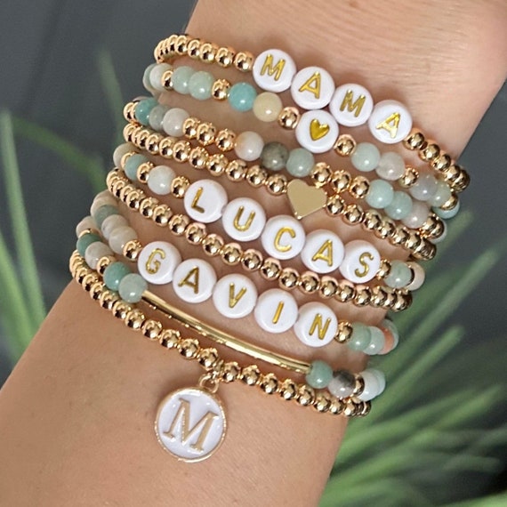 Amazonite and Gold Stacking Bracelets, Kids Name Bracelet, Mama Bracelet, Custom Name Beaded Bracelet, Personalized Gift, Amazonite Bracelet