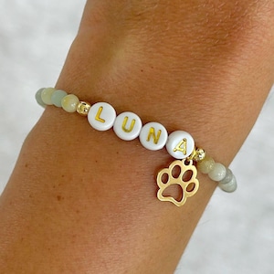 Pet Name Bracelet Paw Print Charm, Dog Name Stone Bracelet, Animal Lover Gift, Custom Beaded Dog Name Bracelet, Pet Memorial Jewelry