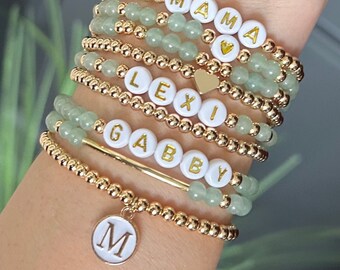 Gold and Green Aventurine Bracelets, Kids Name Bracelet, Mama Bracelet, Custom Name Bracelet, Personalized Gift, Green Aventurine Bracelet