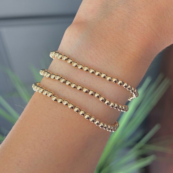 14k Gold Stacking Bracelet, Dainty Gold Bead Bracelet, Womens Gold Beaded Jewelry, Girl Bracelet, Womens Stretch Bracelet, Layering Bracelet