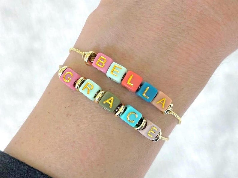 18K Gold Plated Personalized Name Bracelet for Women and Kids - Dainty Adjustable Word Bracelet - Custom Colorful Letter Jewelry for Her bild 1