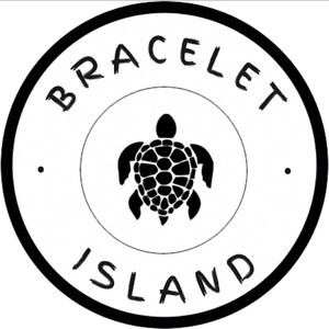 May include: Black and white circular logo with the text "BRACELET ISLAND" around the perimeter. A black sea turtle is in the center of the logo. The logo is simple and clean, with a hand-drawn aesthetic.