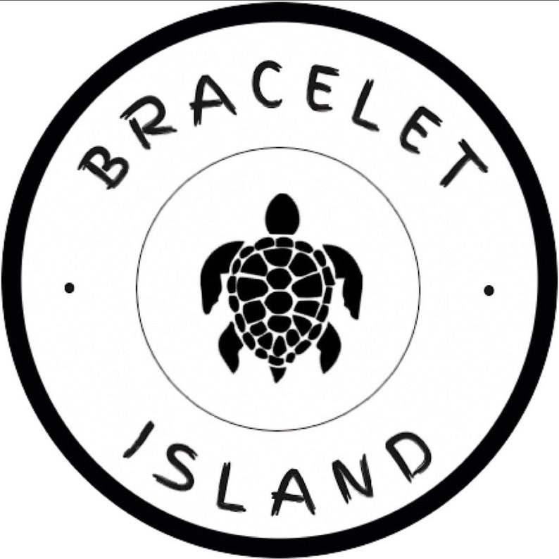 May include: Black and white circular logo with the text "BRACELET ISLAND" around the perimeter. A black sea turtle is in the center of the logo. The logo is simple and clean, with a hand-drawn aesthetic.