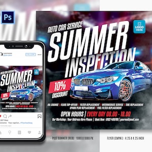 夏のプロモーションのための自動車サービスチラシとソーシャルメディア投稿バナーInstagramテンプレート