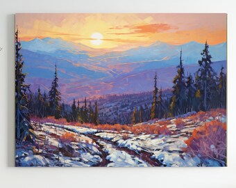 May include: A painting of a snowy mountain landscape with a sunset in the background. The sky is a vibrant orange and pink, and the mountains are a deep purple and blue. There are trees in the foreground, and a path leads up the mountain.