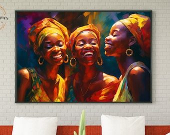 May include: Three women with bright smiles are wearing colorful head wraps and traditional clothing. The painting is done in a vibrant style with bold colors and brushstrokes.