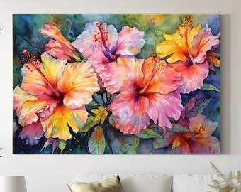 Può includere: Dipinto ad acquerello di un gruppo di fiori di ibisco rosa, gialli e arancioni con foglie verdi su uno sfondo blu scuro.